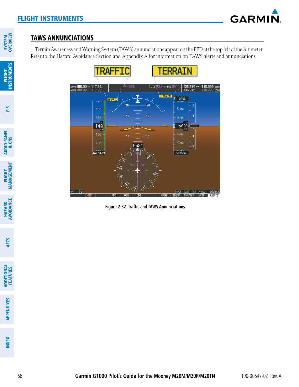 Taws annunciations, Flight instruments | Garmin G1000 Mooney M20TN User Manual | Page 80 / 524