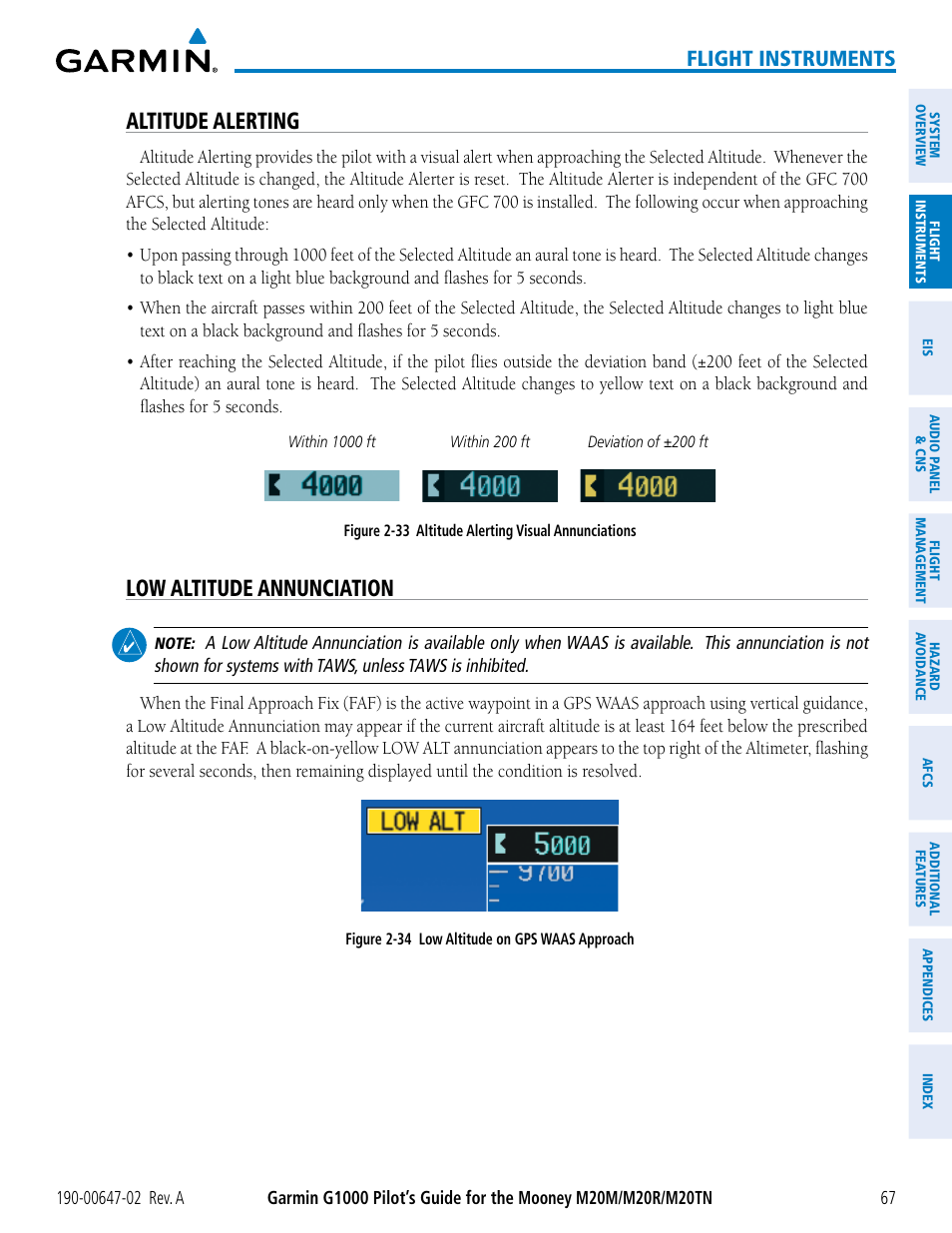 Altitude alerting, Low altitude annunciation, Flight instruments | Garmin G1000 Mooney M20TN User Manual | Page 81 / 524