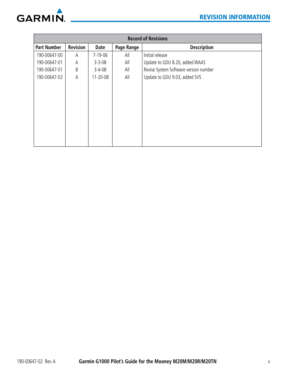 Revision information | Garmin G1000 Mooney M20TN User Manual | Page 9 / 524