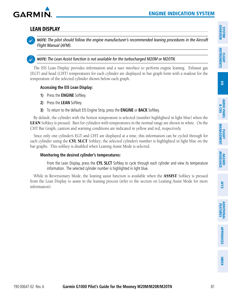 Lean display, Engine indication system | Garmin G1000 Mooney M20TN User Manual | Page 95 / 524