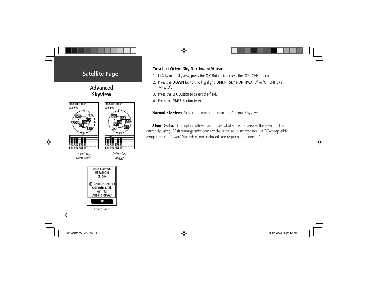 Satellite page advanced skyview | Garmin Geko 301 User Manual | Page 18 / 68