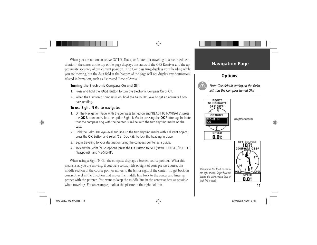 Navigation page options | Garmin Geko 301 User Manual | Page 23 / 68