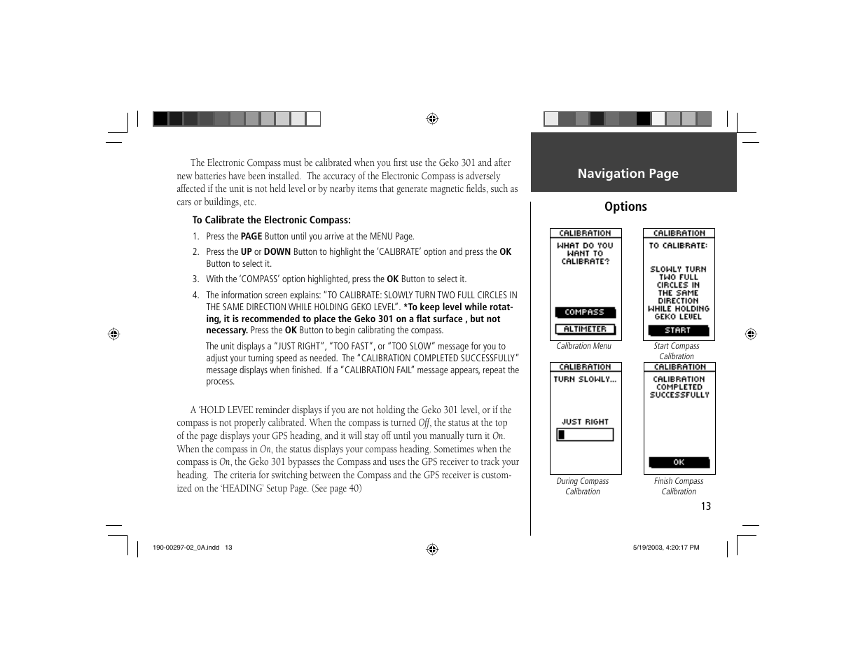 Navigation page options | Garmin Geko 301 User Manual | Page 25 / 68