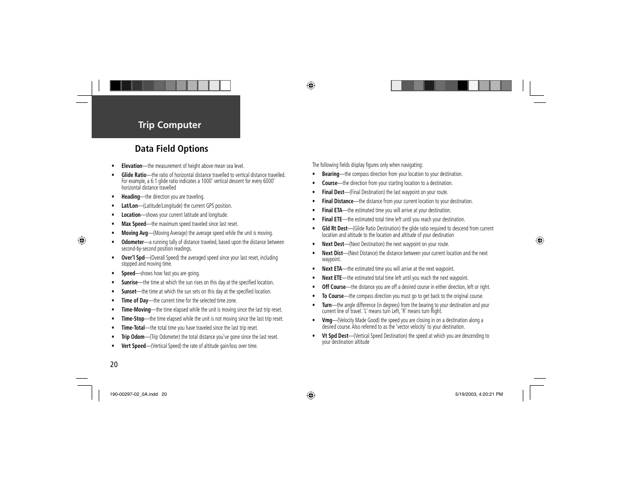 Trip computer data field options | Garmin Geko 301 User Manual | Page 32 / 68