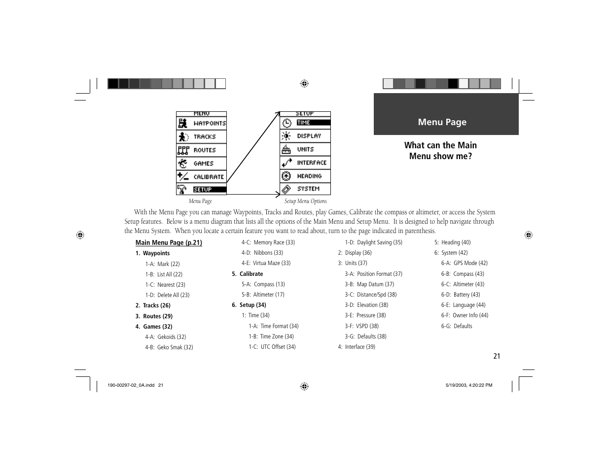 Menu page what can the main menu show me | Garmin Geko 301 User Manual | Page 33 / 68