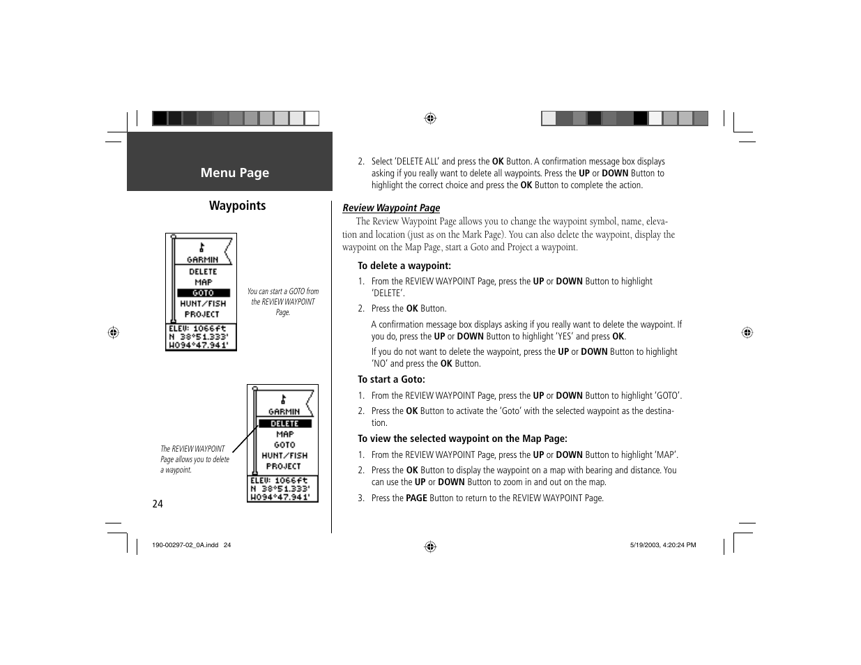 Menu page waypoints | Garmin Geko 301 User Manual | Page 36 / 68