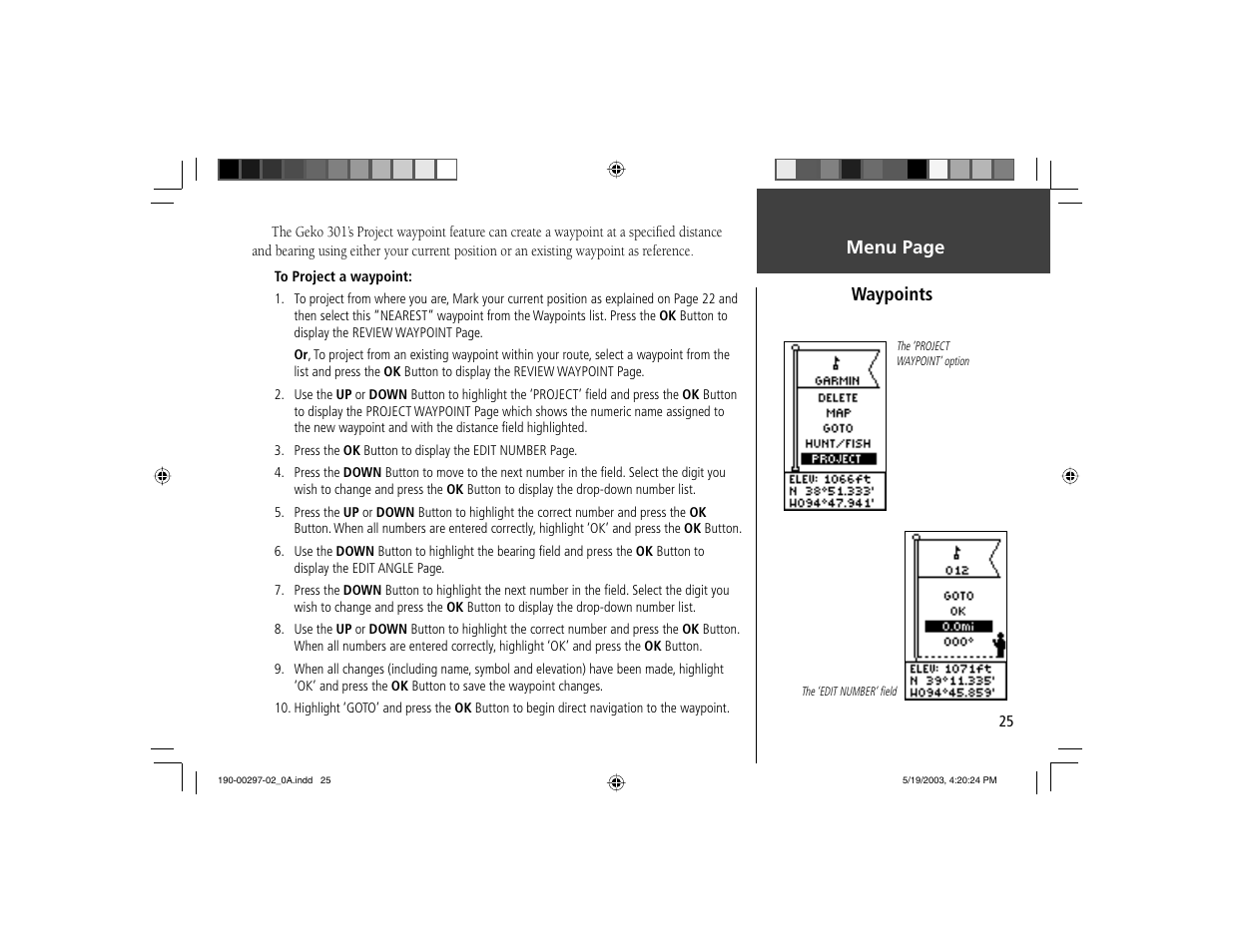 Menu page waypoints | Garmin Geko 301 User Manual | Page 37 / 68