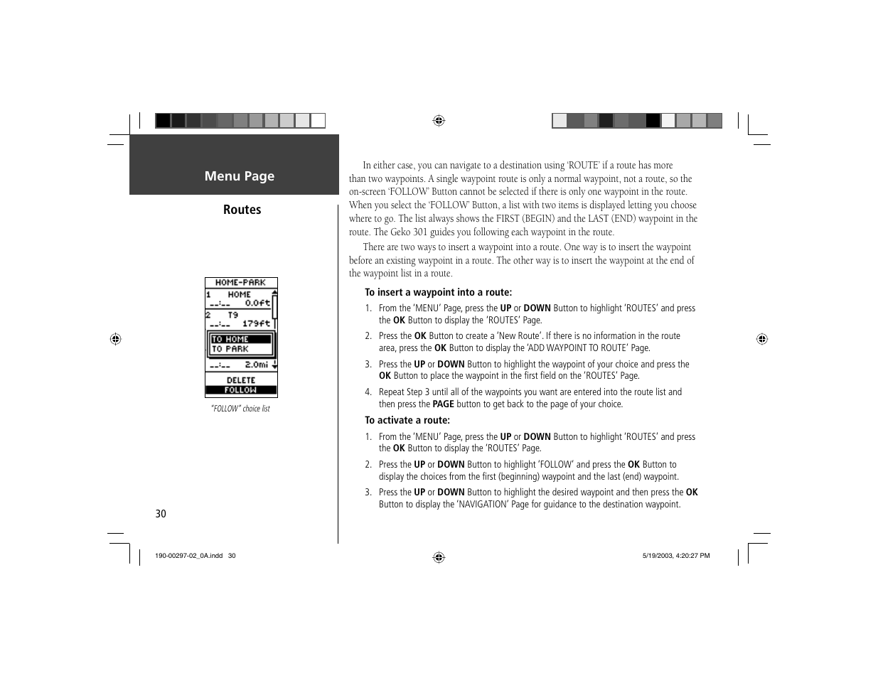 Menu page routes | Garmin Geko 301 User Manual | Page 42 / 68