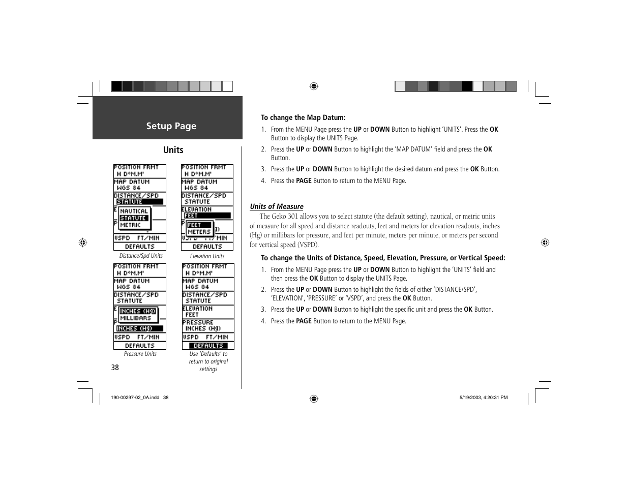 Setup page units | Garmin Geko 301 User Manual | Page 50 / 68