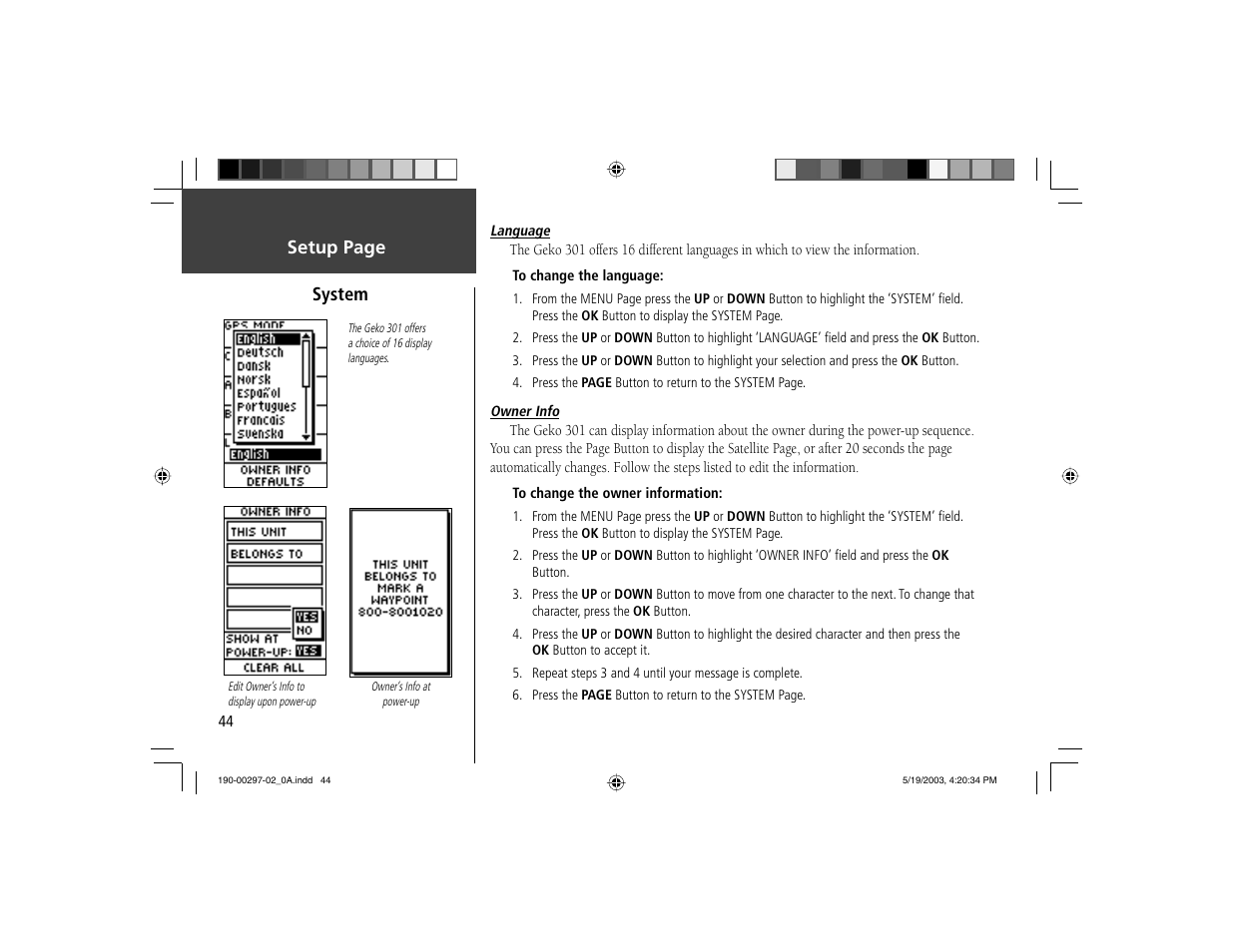 Setup page system | Garmin Geko 301 User Manual | Page 56 / 68