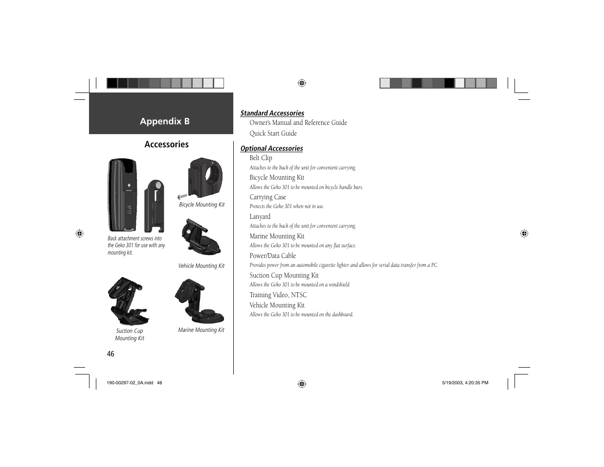 Appendix b, Accessories | Garmin Geko 301 User Manual | Page 58 / 68
