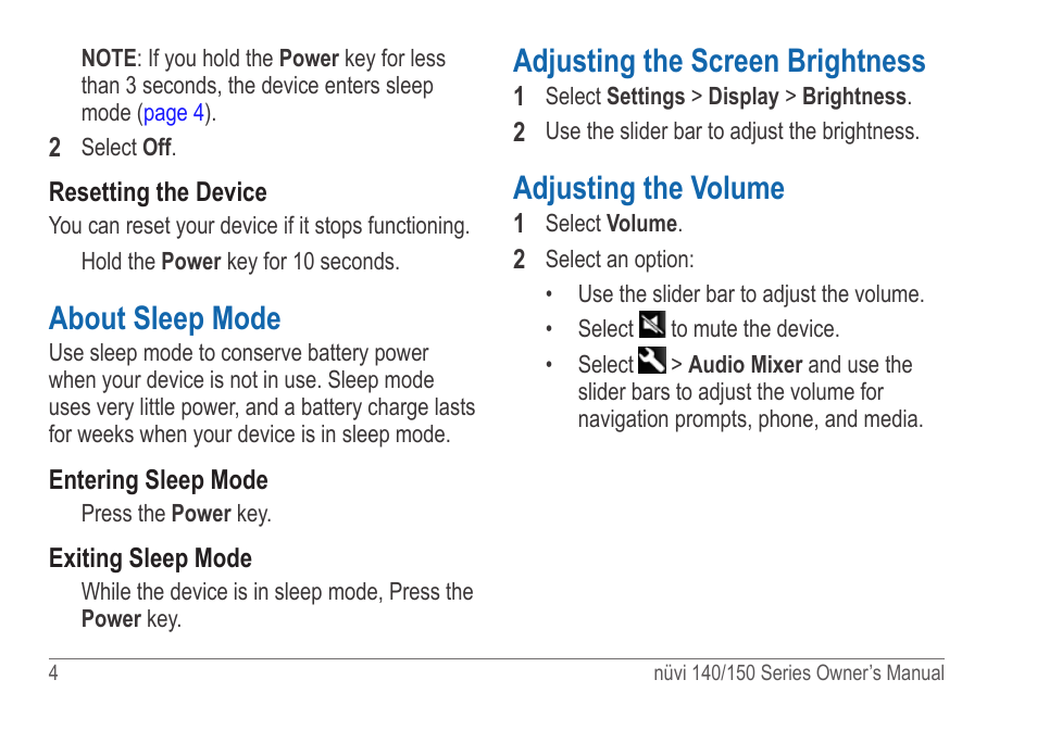 About sleep mode, Adjusting the screen brightness, Adjusting the volume | Garmin nuvi 154LMT User Manual | Page 10 / 68