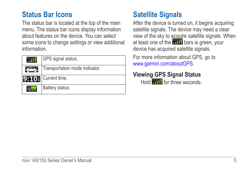 Status bar icons, Satellite signals | Garmin nuvi 154LMT User Manual | Page 11 / 68