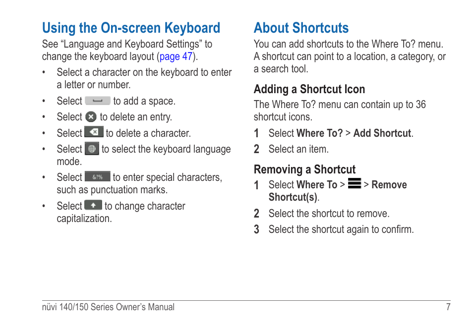 Using the on-screen keyboard, About shortcuts | Garmin nuvi 154LMT User Manual | Page 13 / 68