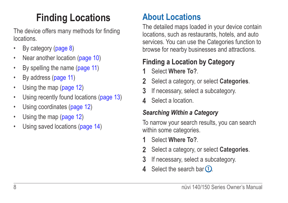 Finding locations, About locations | Garmin nuvi 154LMT User Manual | Page 14 / 68