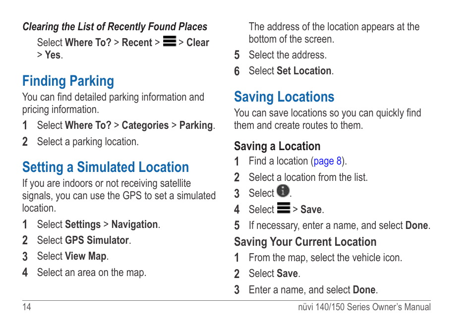 Finding parking, Setting a simulated location, Saving locations | Garmin nuvi 154LMT User Manual | Page 20 / 68