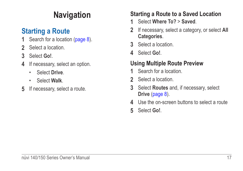 Navigation, Starting a route | Garmin nuvi 154LMT User Manual | Page 23 / 68