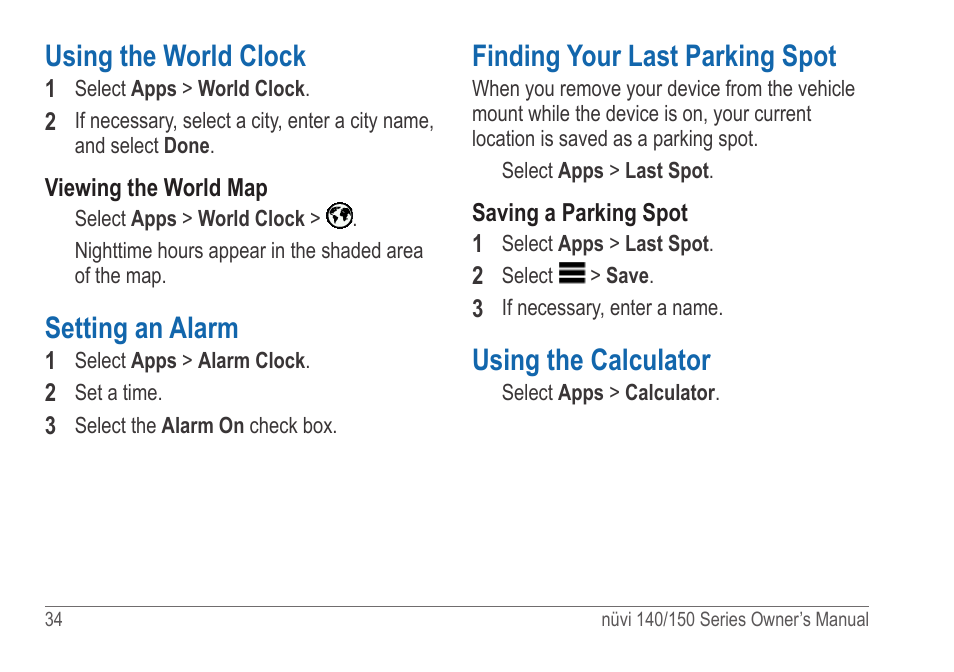 Using the world clock, Setting an alarm, Finding your last parking spot | Using the calculator | Garmin nuvi 154LMT User Manual | Page 40 / 68