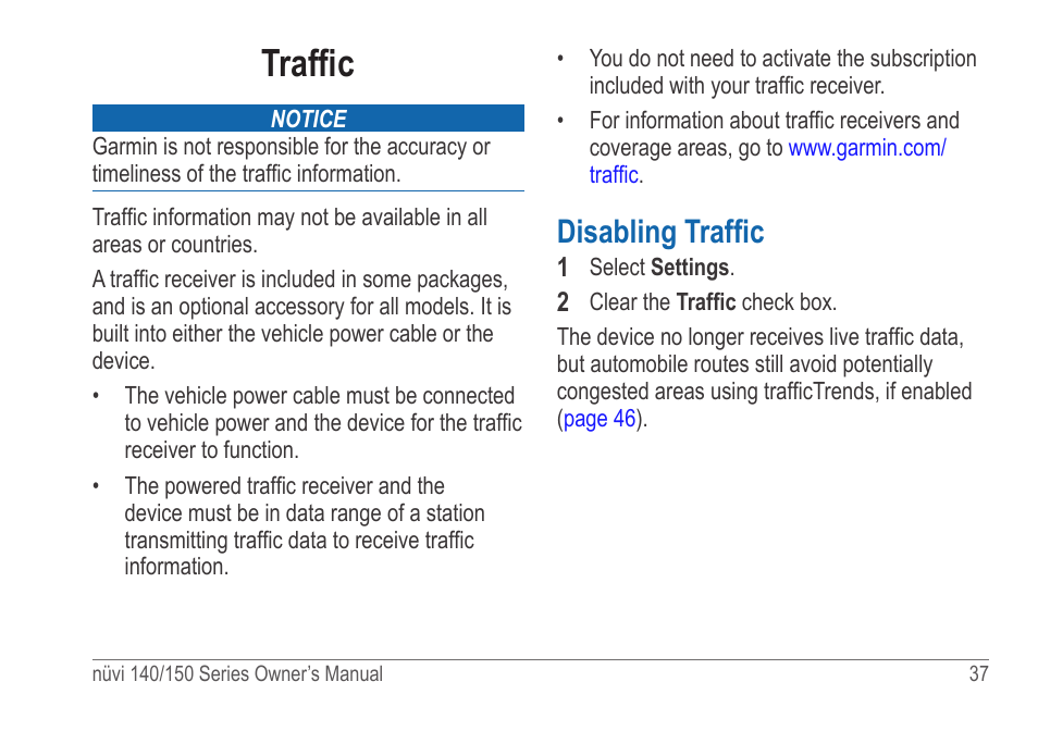 Traffic, Disabling traffic | Garmin nuvi 154LMT User Manual | Page 43 / 68