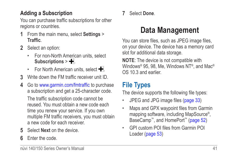 Data management, File types | Garmin nuvi 154LMT User Manual | Page 47 / 68