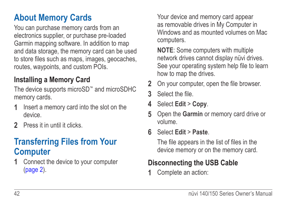 About memory cards, Transferring files from your computer | Garmin nuvi 154LMT User Manual | Page 48 / 68