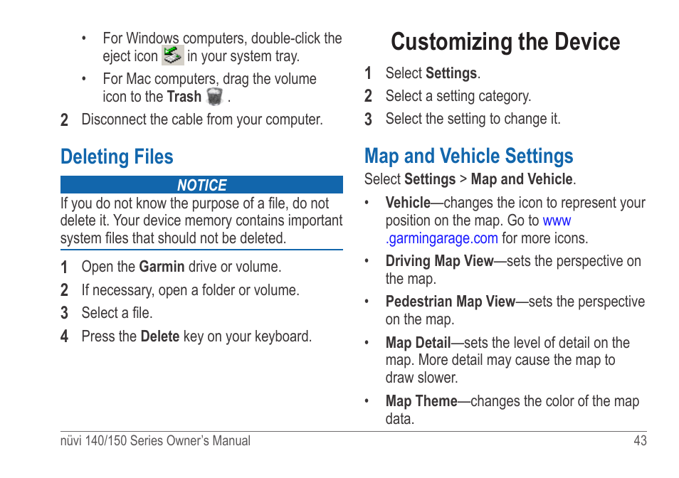 Deleting files, Customizing the device, Map and vehicle settings | Garmin nuvi 154LMT User Manual | Page 49 / 68