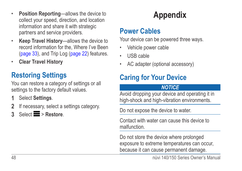 Restoring settings, Appendix, Power cables | Caring for your device | Garmin nuvi 154LMT User Manual | Page 54 / 68