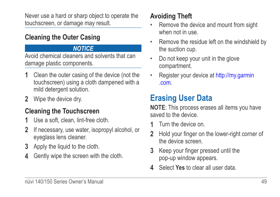 Erasing user data | Garmin nuvi 154LMT User Manual | Page 55 / 68