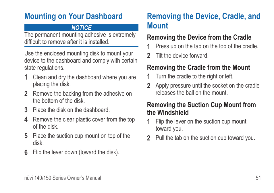 Mounting on your dashboard, Removing the device, cradle, and mount | Garmin nuvi 154LMT User Manual | Page 57 / 68