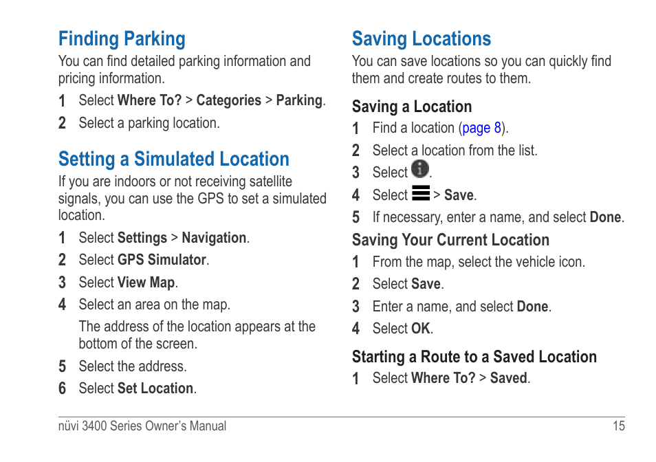 Finding parking, Setting a simulated location, Saving locations | Garmin nuvi 3490 for Volvo Cars User Manual | Page 21 / 89