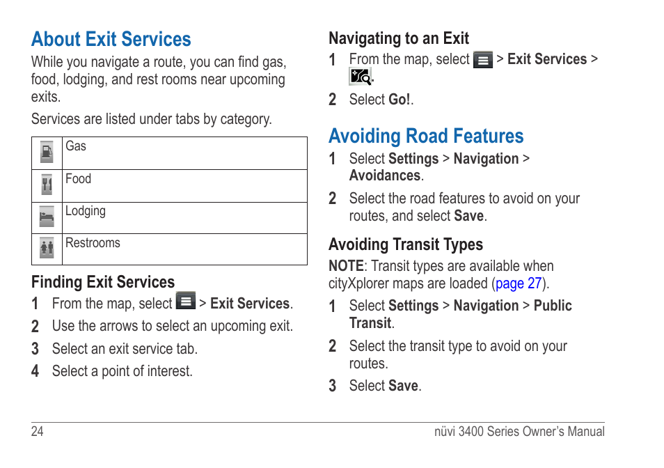 About exit services, Avoiding road features | Garmin nuvi 3490 for Volvo Cars User Manual | Page 30 / 89