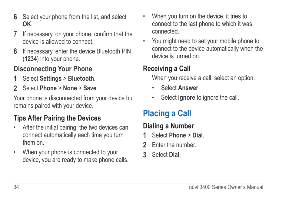 Placing a call | Garmin nuvi 3490 for Volvo Cars User Manual | Page 40 / 89