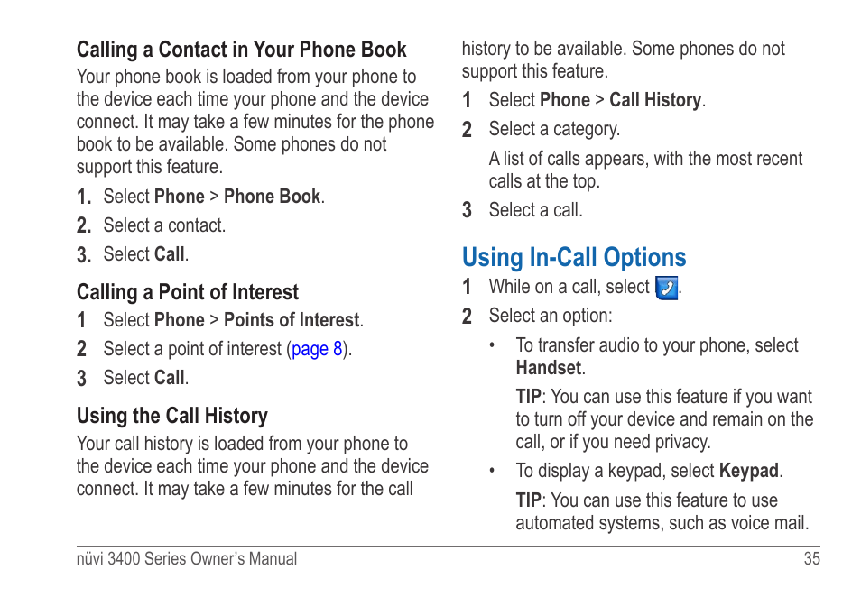 Using in-call options | Garmin nuvi 3490 for Volvo Cars User Manual | Page 41 / 89