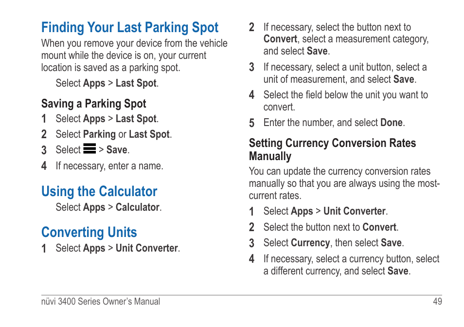 Finding your last parking spot, Using the calculator, Converting units | Garmin nuvi 3490 for Volvo Cars User Manual | Page 55 / 89