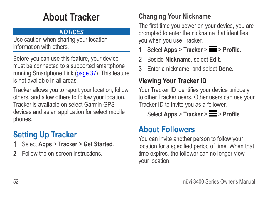 About tracker, Setting up tracker, About followers | Garmin nuvi 3490 for Volvo Cars User Manual | Page 58 / 89