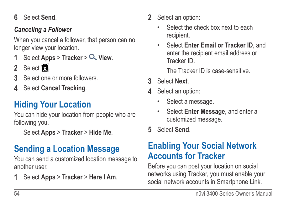 Hiding your location, Sending a location message, Enabling your social network accounts for tracker | Garmin nuvi 3490 for Volvo Cars User Manual | Page 60 / 89