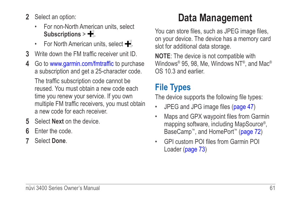 Data management, File types, About memory cards | Garmin nuvi 3490 for Volvo Cars User Manual | Page 67 / 89