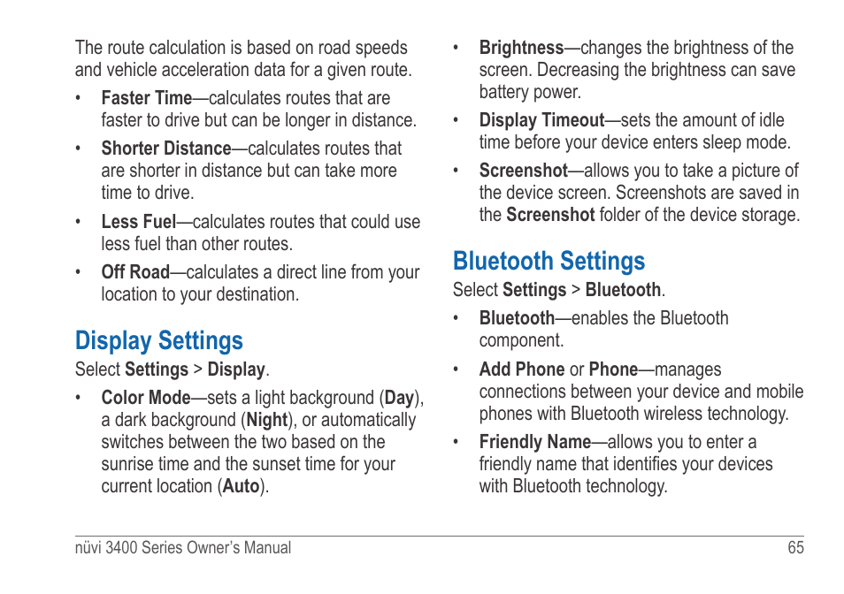 Display settings, Bluetooth settings | Garmin nuvi 3490 for Volvo Cars User Manual | Page 71 / 89