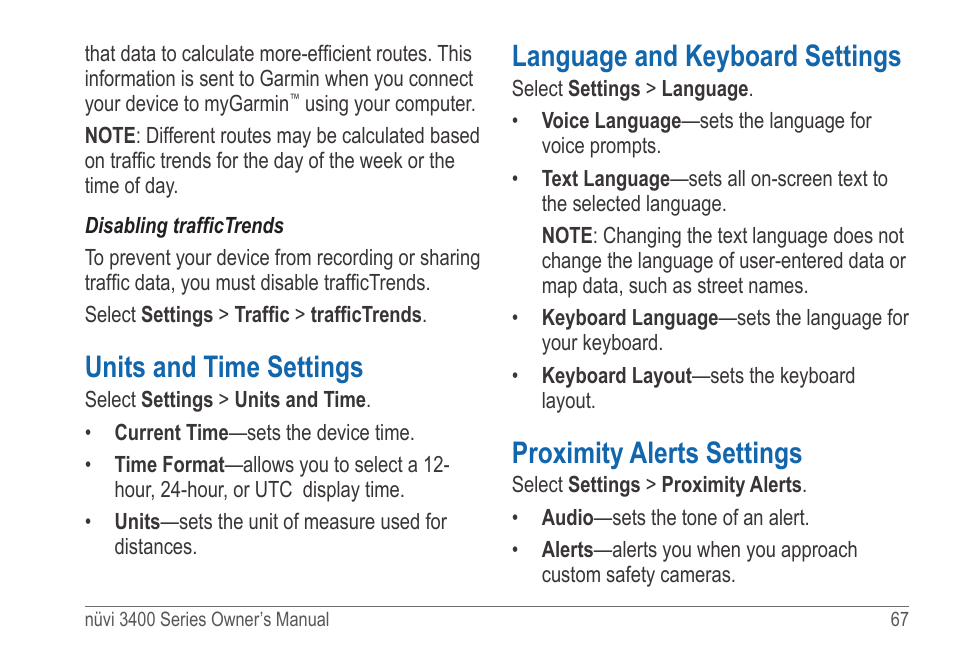 Units and time settings, Language and keyboard settings, Proximity alerts settings | Garmin nuvi 3490 for Volvo Cars User Manual | Page 73 / 89