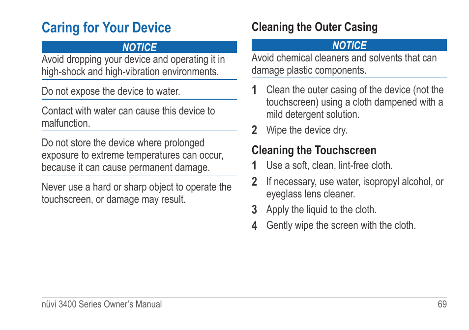 Caring for your device | Garmin nuvi 3490 for Volvo Cars User Manual | Page 75 / 89