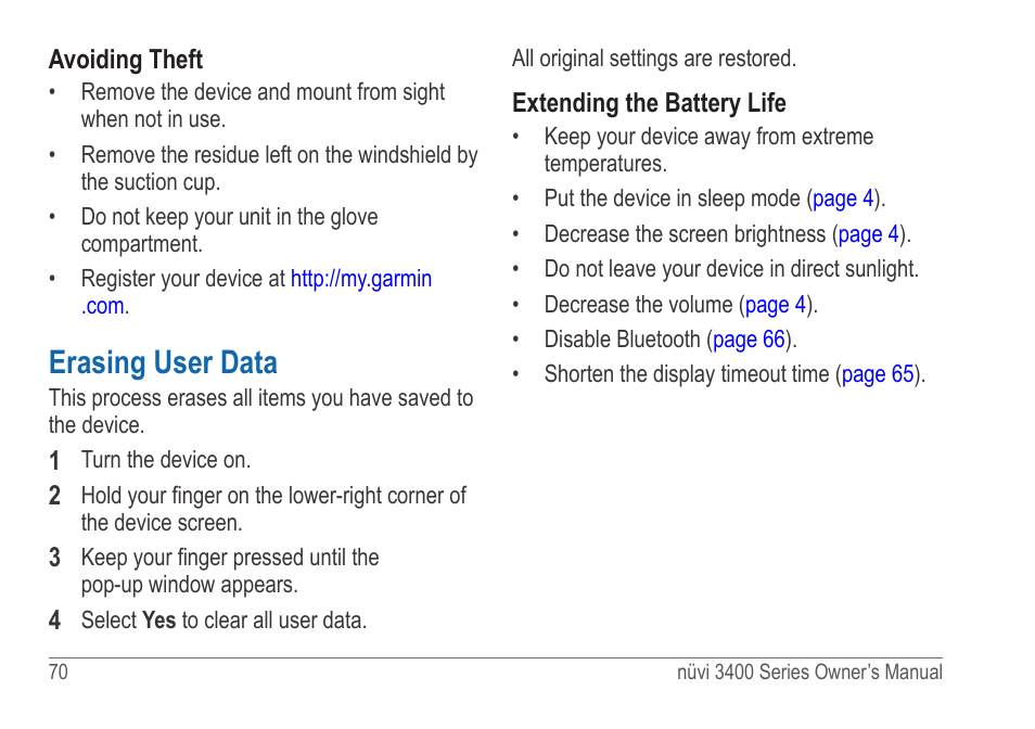 Erasing user data | Garmin nuvi 3490 for Volvo Cars User Manual | Page 76 / 89