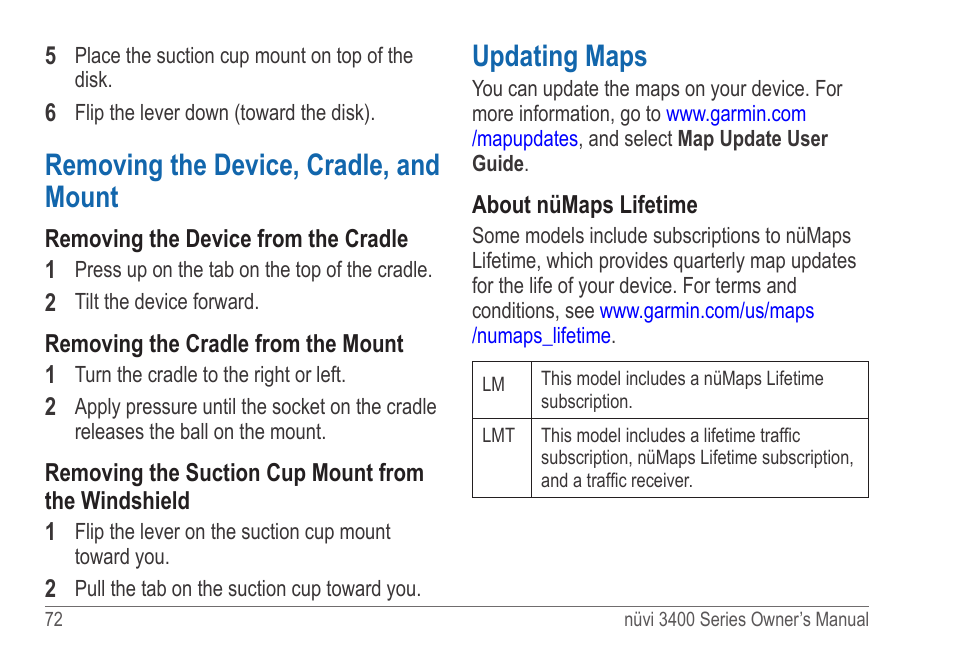 Removing the device, cradle, and mount, Updating maps | Garmin nuvi 3490 for Volvo Cars User Manual | Page 78 / 89