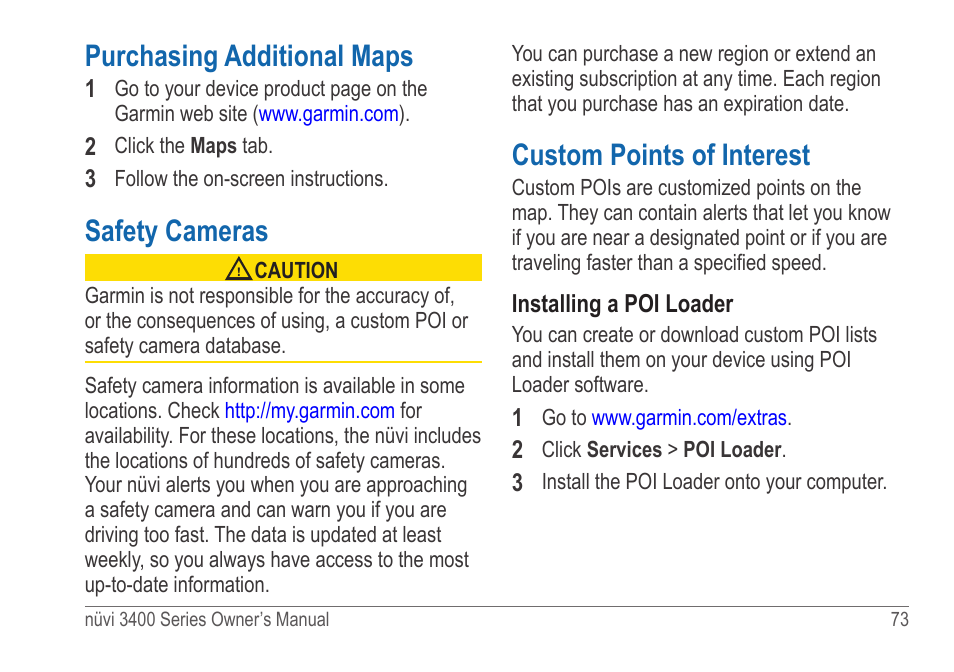 Purchasing additional maps, Safety cameras, Custom points of interest | Additional map data | Garmin nuvi 3490 for Volvo Cars User Manual | Page 79 / 89