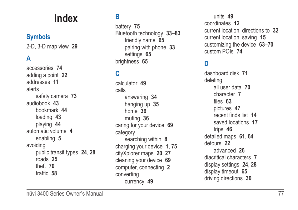 Index | Garmin nuvi 3490 for Volvo Cars User Manual | Page 83 / 89