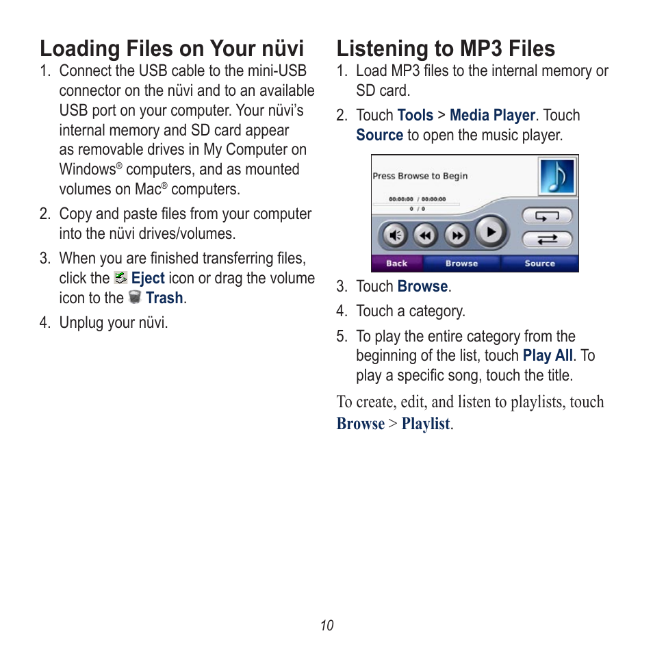 Loading files on your nüvi, Listening to mp3 files | Garmin nuvi 780 User Manual | Page 10 / 12