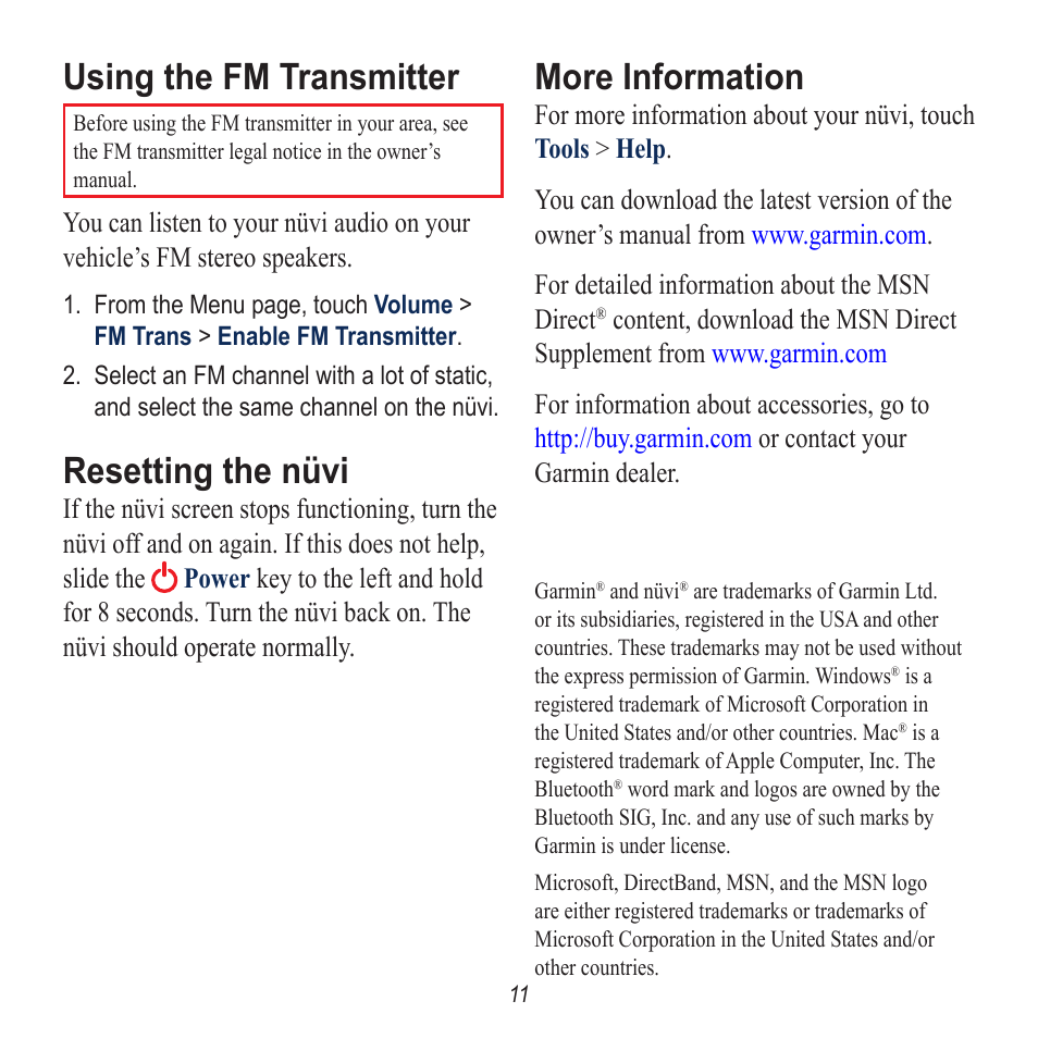 Using the fm transmitter, Resetting the nüvi, More information | Garmin nuvi 780 User Manual | Page 11 / 12