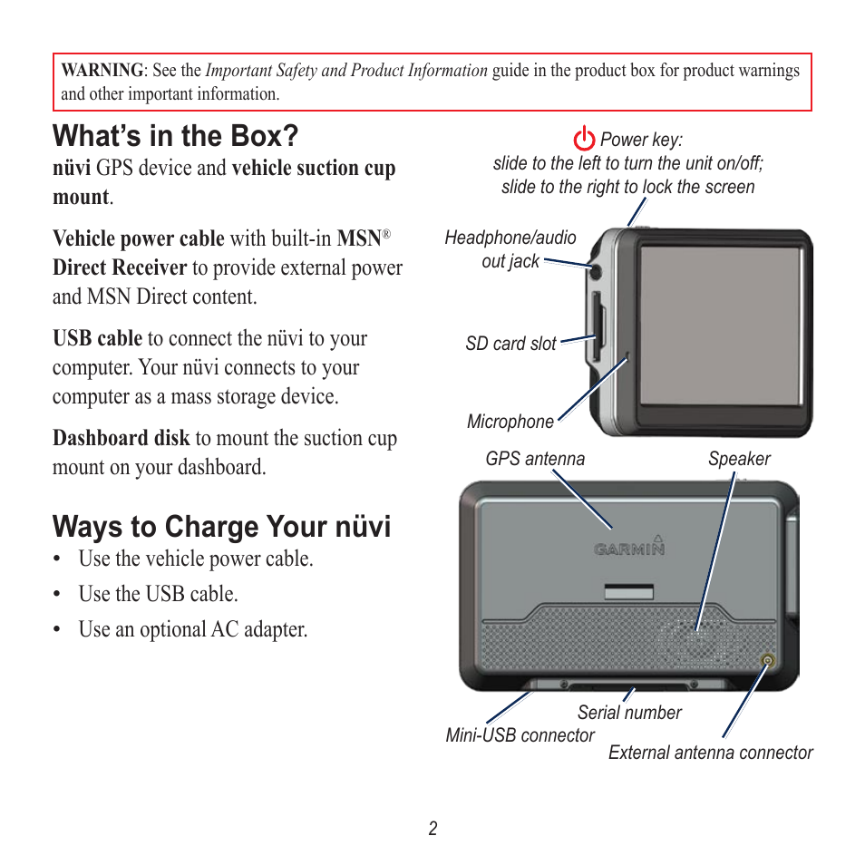 What’s in the box, Ways to charge your nüvi | Garmin nuvi 780 User Manual | Page 2 / 12