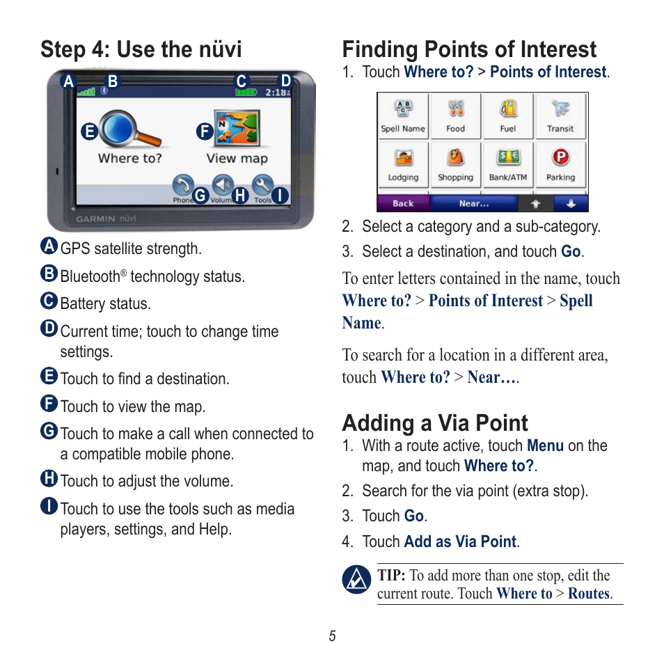 Step 4: use the nüvi, Finding points of interest, Adding a via point | Garmin nuvi 780 User Manual | Page 5 / 12