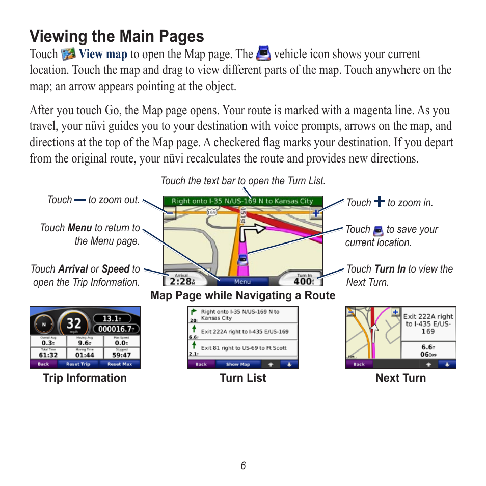 Viewing the main pages | Garmin nuvi 780 User Manual | Page 6 / 12