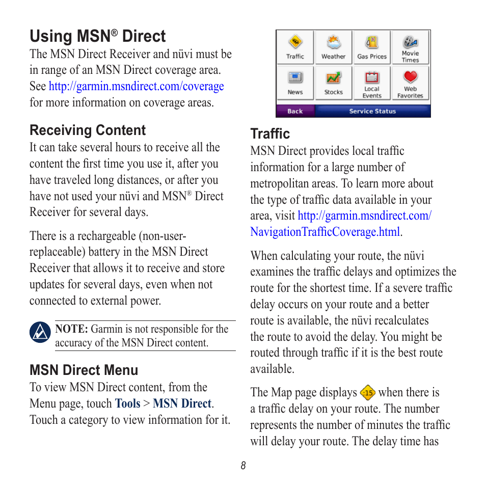 Using msn® direct, Receiving content, Msn direct menu | Traffic, Using msn, Direct | Garmin nuvi 780 User Manual | Page 8 / 12